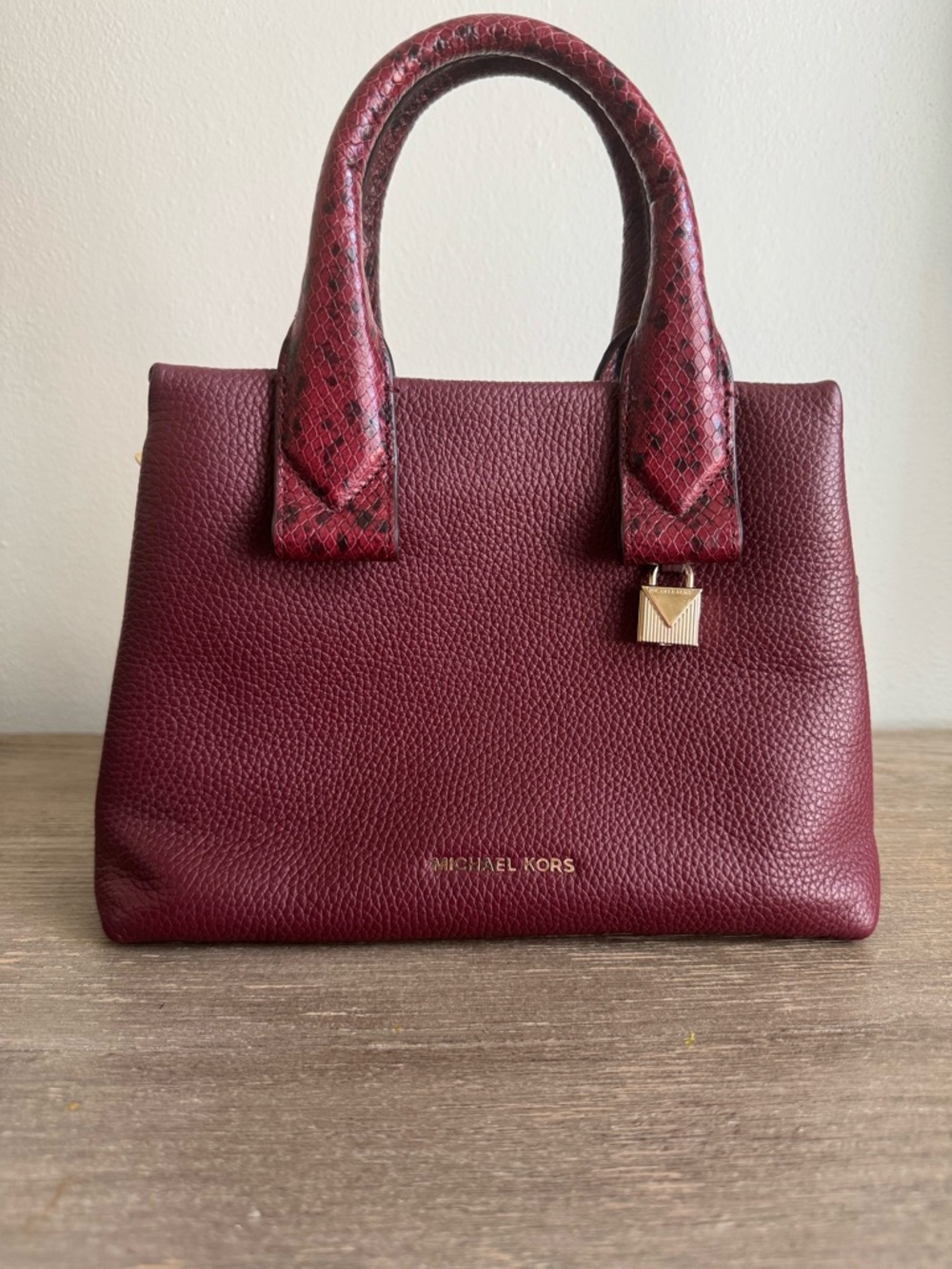 Michael Kors Rollins OXBlood Leather Satchel with Snake-Print Handles